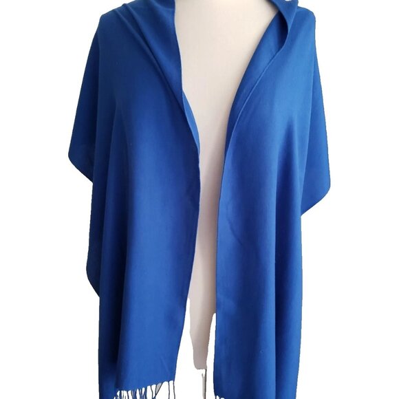 100% Cashmere Fringed Pashmina Firenze Italy Royal Blue Scarf Shawl Wrap - Picture 4 of 10